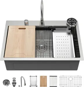 Kichae 33 Inch Waterfall Sink Drop In - 33x22 Drop In Waterfall Kitchen Sink 304 Stainless Steel 16G Handmade Single Bowl Workstation Sinks with Faucet Combo & Glass Rinser