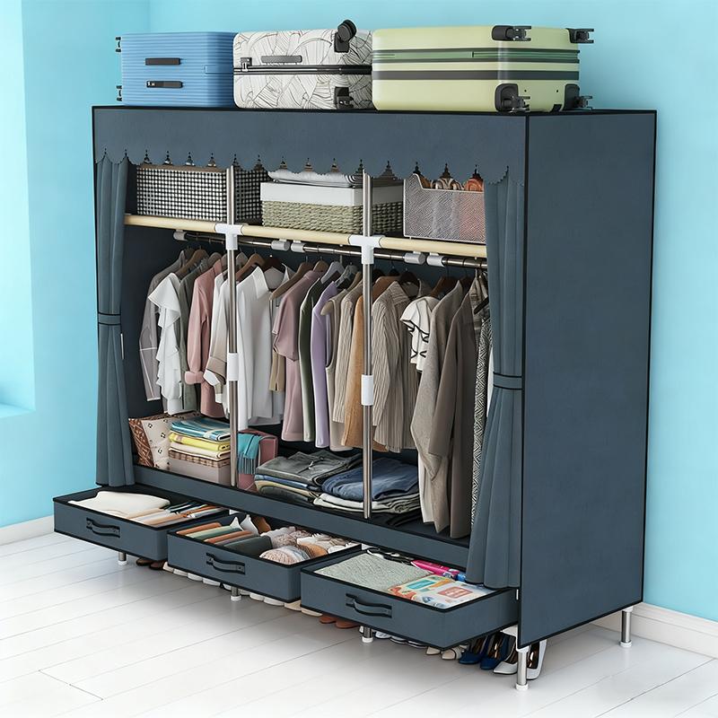 Portable Clothes Organizer for Small Spaces - Sturdy 16mm metal Frame, 3 Cubes + 3 Hanging Areas + 3 Drawers, Dust-Proof Closet for Quilts/Pillows clothing storage Closet Organizer apartment living room dressers for bedroom furniture set Wardrobe Armoire