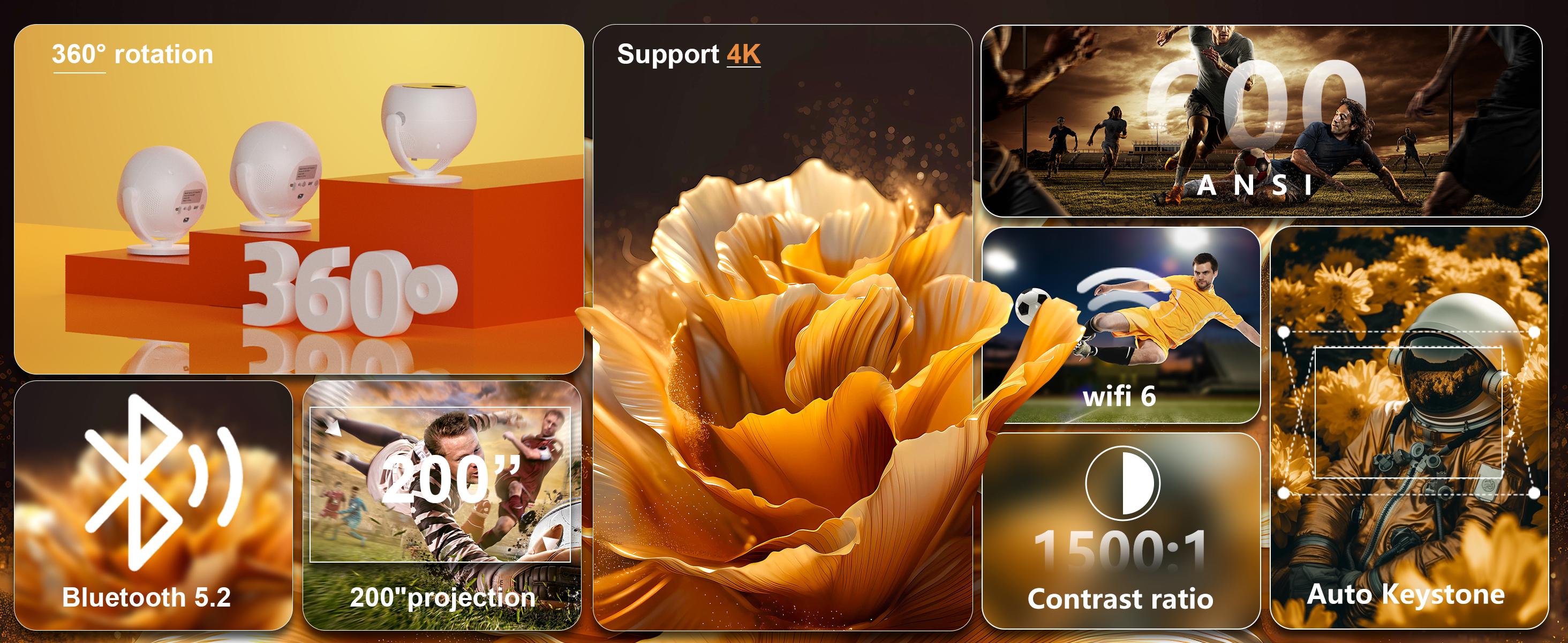 XBJ Portable Projector with WiFi 5G & Bluetooth, HD Home Video Projector for Outdoor Movies, 200" Screen with Built-in Speaker, Support 360° Correction Audio projector 4k projector for bedroom projectors