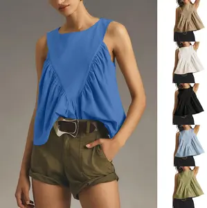 WoodBerry Womens Sleeveless Peplum Top Swing Tank Loose Fit Back Button Casual Blouse Ruffled Shirts