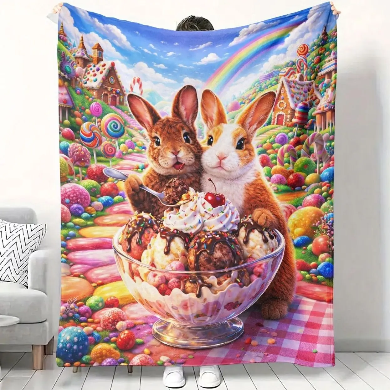 Whimsical Candyland Kawaii Pastel Throw, Bunny Ice Cream Sundae Velveteen Blanket 50x60