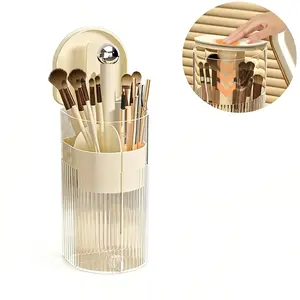2026 New Makeup Brush Holder with Lid,One‑Hand Press Open Makeup Organizer,Clear Waterproof Dustproof Cosmetic Storage for Vanity Bathroom Countertop, Cute Aesthetic Makeup Brush Organizer for Vanity Decor, Trendy Makeup Storage Essentials for Girls Women