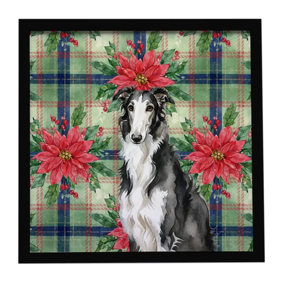 Carolines Treasures WDK8529MFP88 8x8 in. Artistic Light Weight Black & White Borzoi Christmas Poinsettias Framed Metal Print, Home Wall Decor Artwork with Flowers, Ideal Gift for Room Decoration