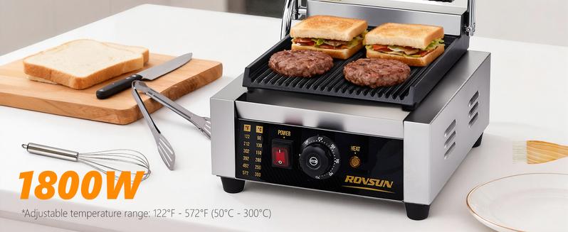 ROVSUN Commercial Panini Press Grill, Stainless Steel Electric Countertop Sandwich Maker with Adjustable Temp 122°F–572°F, For Steak, Burgers, Home & Restaurant Use, 110V, Silver
