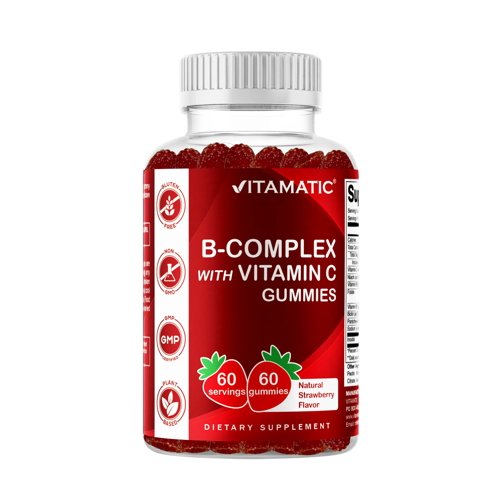 Vitamatic B-Complex Chewable Gummy Dietary Supplements - 60 Pieces, Natural Strawberry Flavor, with Vitamin C, Inositol, Biotin, B12 & B6, Gluten Free, Non-GMO, Vegan, US-Made, Boosts Energy, Supports Metabolism & Selfcare, Healthcare, Natural Supplements