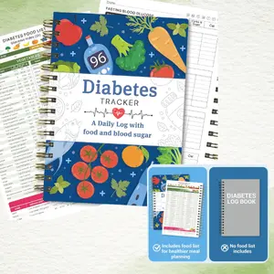 Diabetes Daily Log Book, Diabetes Food List Meal Planner, Diabetic Record Monitor for Types 1 & 2, Food & Blood Sugar, Glycemic Index (GI), Track Glucose, Carbs Calories, Insulin | A5 Spiral Bound