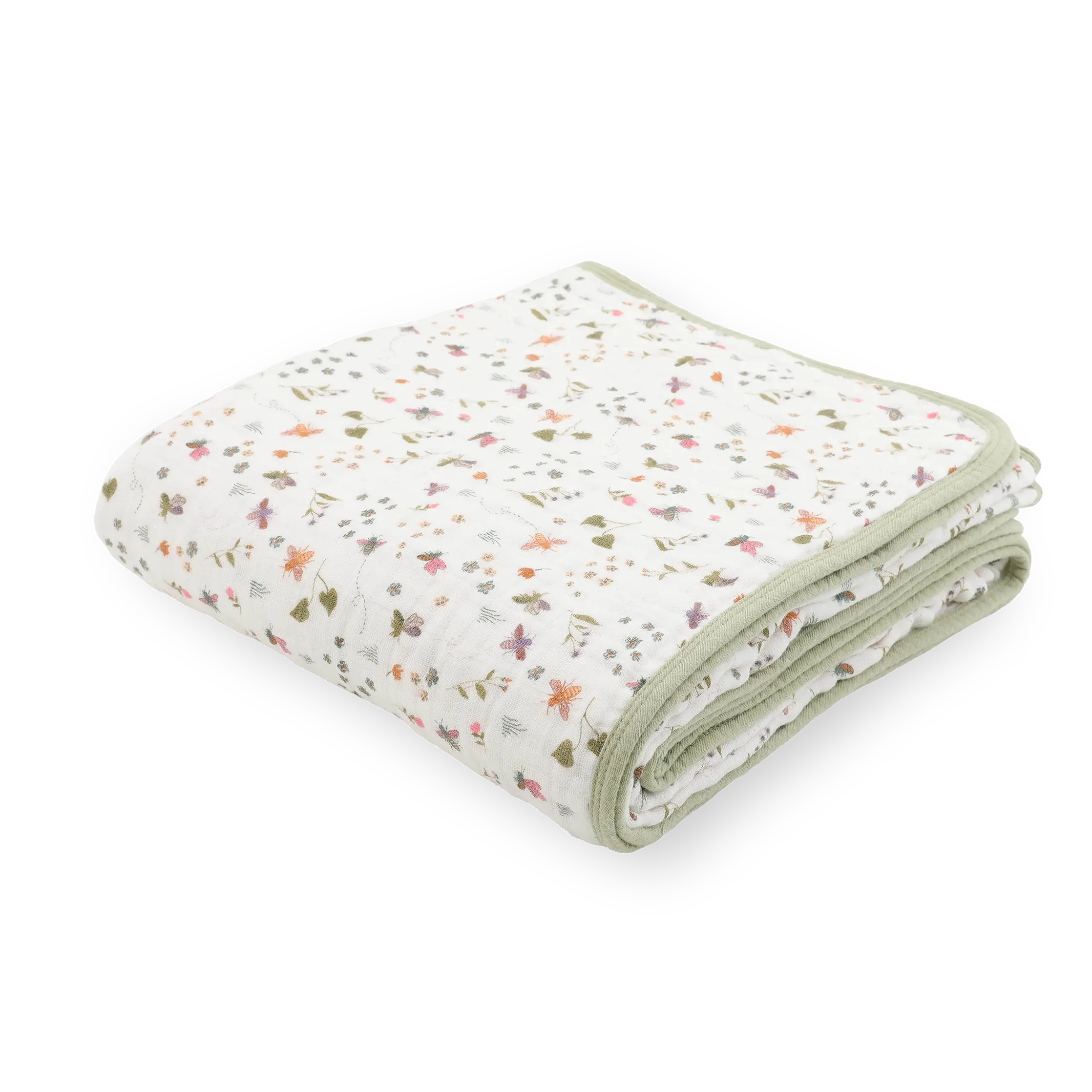 Original Cotton Muslin Quilt, 4-Layer Breathable, Hand-Painted Playful Garden Bees Print - Machine Washable for Nap Time, Four Layers