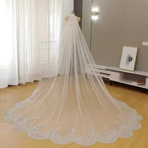 Luxury Cathedral Length Bridal Veil with Silver Sequin Beading & Scalloped Lace Edge - Sheer Sparkling Tulle Wedding Veil with Comb for Bride