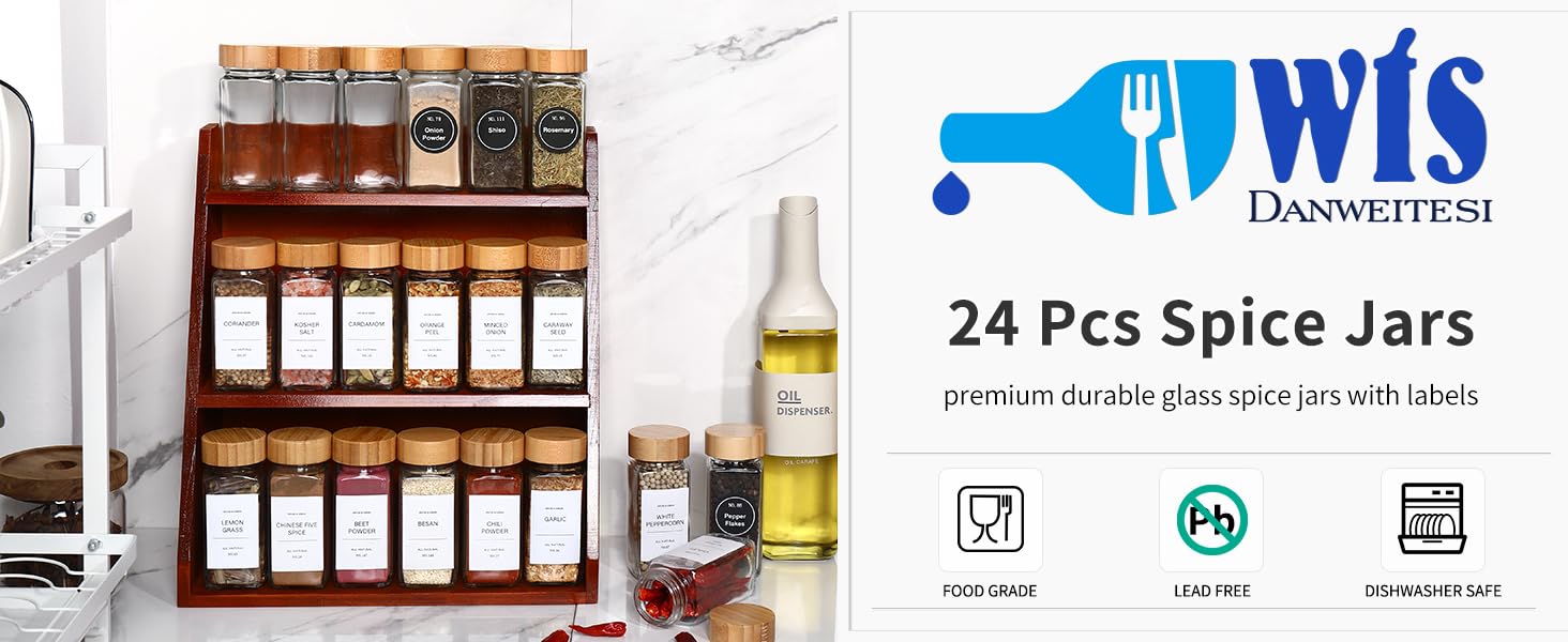 DWTS DANWEITESI 36 Pcs glass spice jars with bamboo lids, clear containers, 4 oz Glass Jars with Spice Labels Stickers, Collapsible Funnel, Seasoning Storage Bottles for Spice Rack, Cabinet, Drawer Kitchen Set