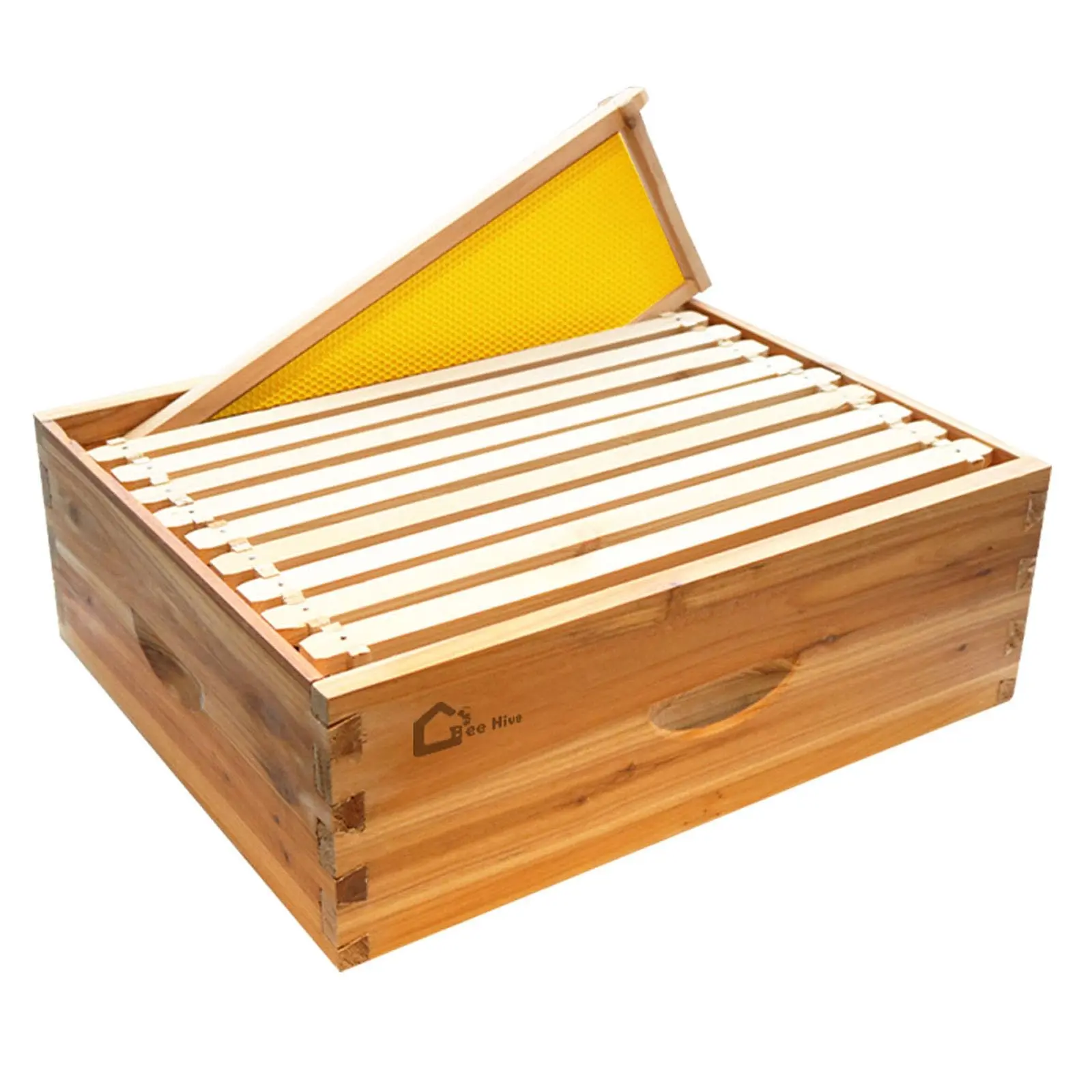 GAOMON 10-Frame Langstroth Medium Super Beehive Box, Premium Cedarwood Outdoor Beekeeping Supplies with Golden Finish, Beeswax Coated Unit with Frames & Foundation Sheets, Pre-drilled Joints for Easy Hive Expand, Effortless Dovetail Assembly