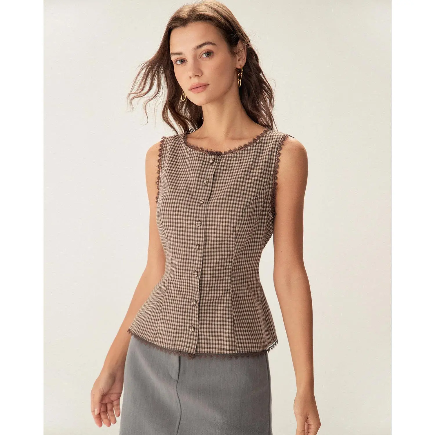 Rihoas Lady's Soft Brown Geometric Plaid Single Breasted Cotton Fabric Piece Formal Office Wear, Summer Hip Casual Top Vest,summerwins,summeroutfits,vacationoutfits,beachoutfits,back to school,back to school shopping