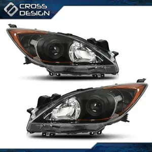 CROSSDESIGN Fit For 10-13 Mazda 3 Headlights Front Lamps Assembly Pair Clear / Black