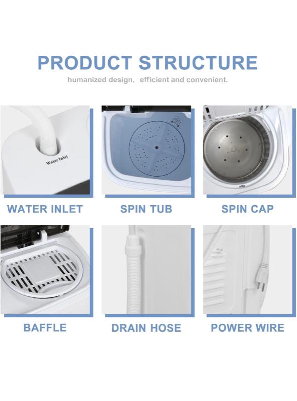 JB Compact Mini Portable Twin Tub Washing Machine, 13lbs Capacity, Washer Wash and Spin Cycle Combo with Built-in Gravity Drain for Camping, Apartments, Dorms, College, RV's and Small Spaces