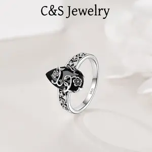 S925 sterling silver ring Black synthetic zircon  flower life jewelry protection gift for ladies and girls, sizes 7-10 Elegant Ring Statement Ring