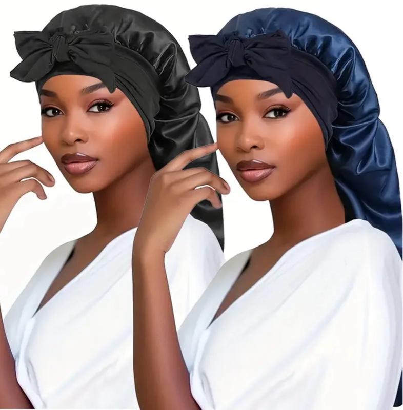 Silk 2pcs Long Hair Bonnets for Sleeping - High-Quality Satin Material with Soft Feel for Comfortable Sleepwear Haircare Black+ Pink Heatless