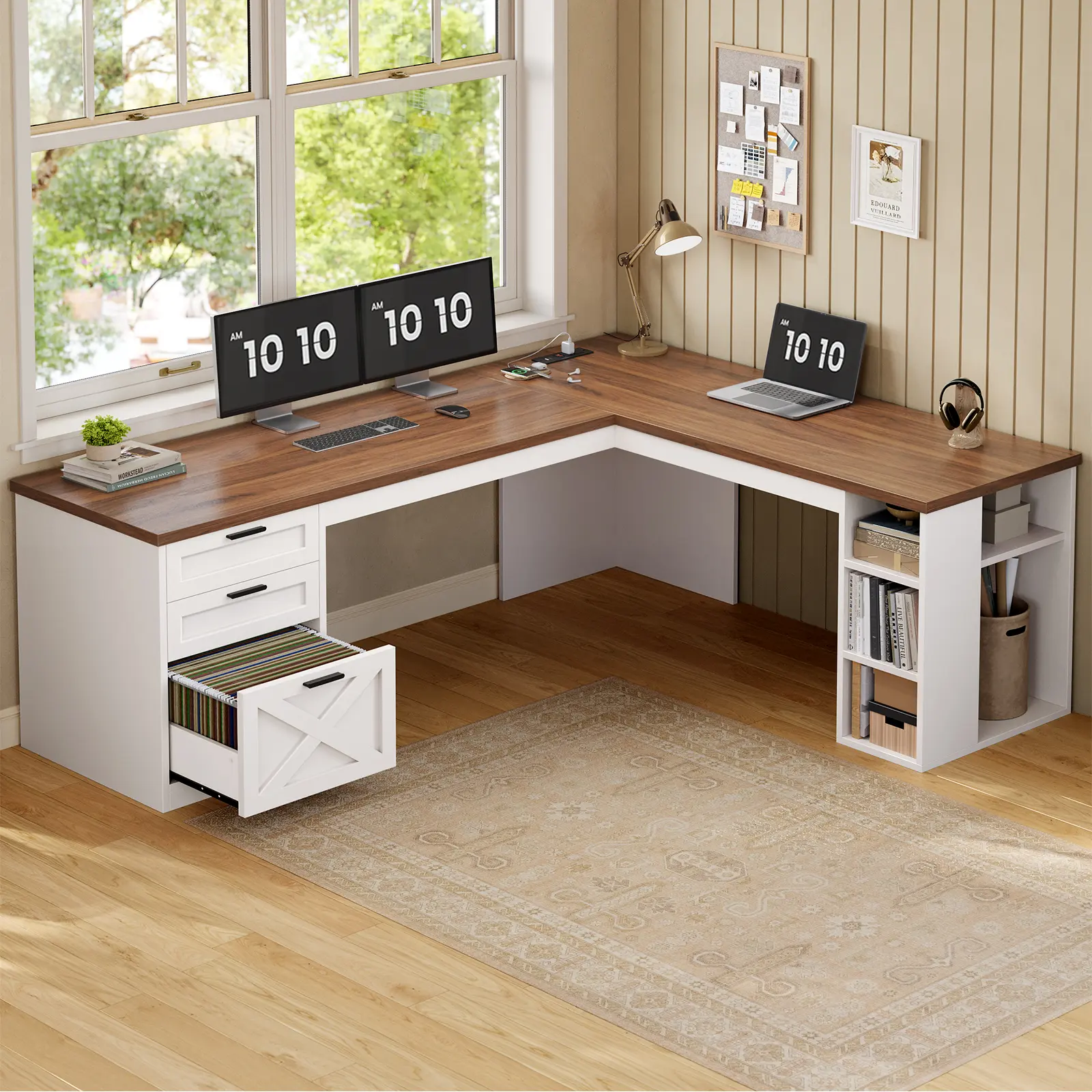 Sedeta 67" L-Shaped Modern Farmhouse Wood Computer Desk - Commercial Office Furniture, 3 Easy Drawers, Monitor Shelf, Power Outlets, Stable Base, Waterproof White Wood Workstation, 67"l x 55"d, Storage, Assembly Required, Contemporary