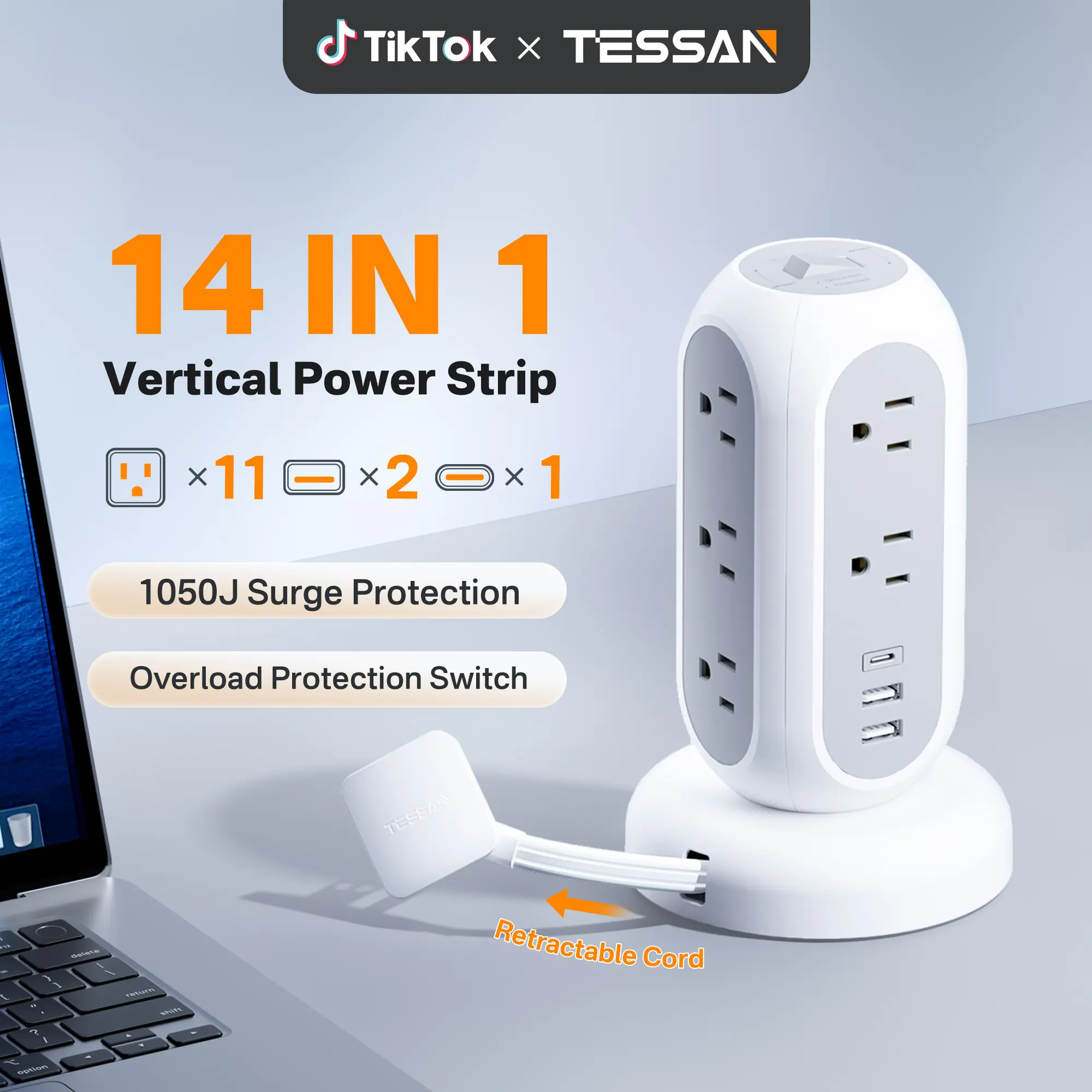 SummerGarden Tessan retractable extension cord power strip,1625W Surge Protector , Cord Management,Home, Office ,Dorm,Kitchen Essentials,11 Outlets & 3 USB Ports