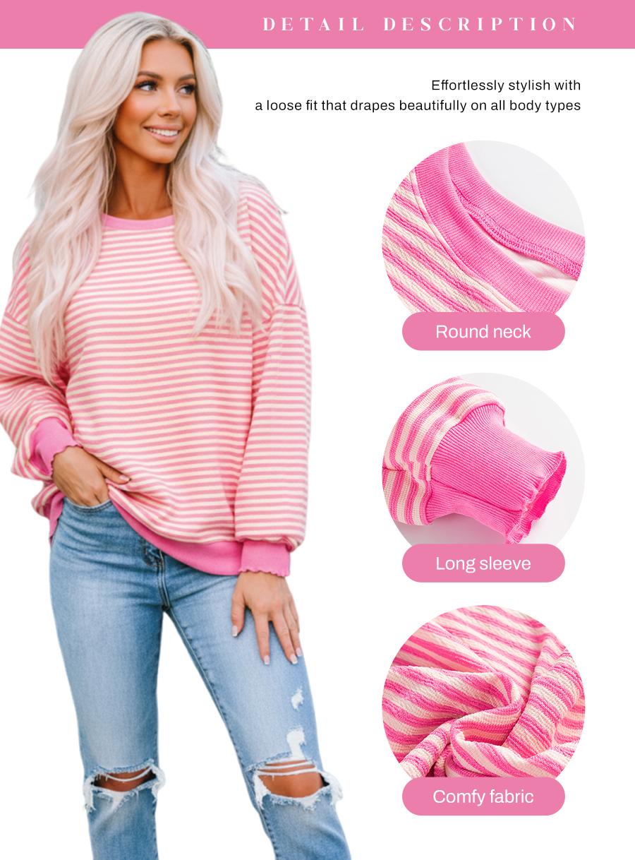 Dear-Lover Stripe Print Crew Neck Drop Shoulder Long Sleeve Loose Casual Top For Women's Dailywear