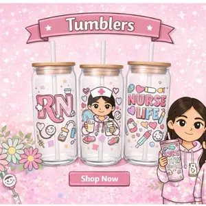 PRN Pretty- 16 oz Glass Tumblers with Cute Designs and Bamboo Lids Drinkware Mugs