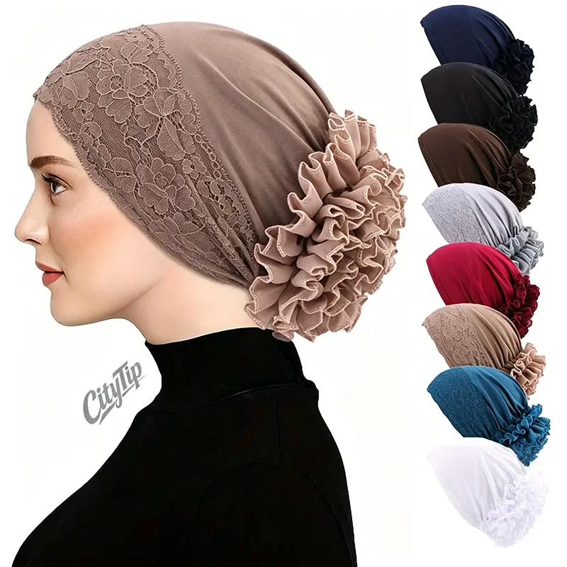 3pcs Ruffled Headscarf Hat, Chiffon Hijab Undercap, Stretchy Hijab Cap, Ethnic Style Headwear, Breathable Headscarf, All Season Headwear, Ruffled Undercap, Modest Fashion Headwear, Versatile Headscarf, Women's Head Wrap