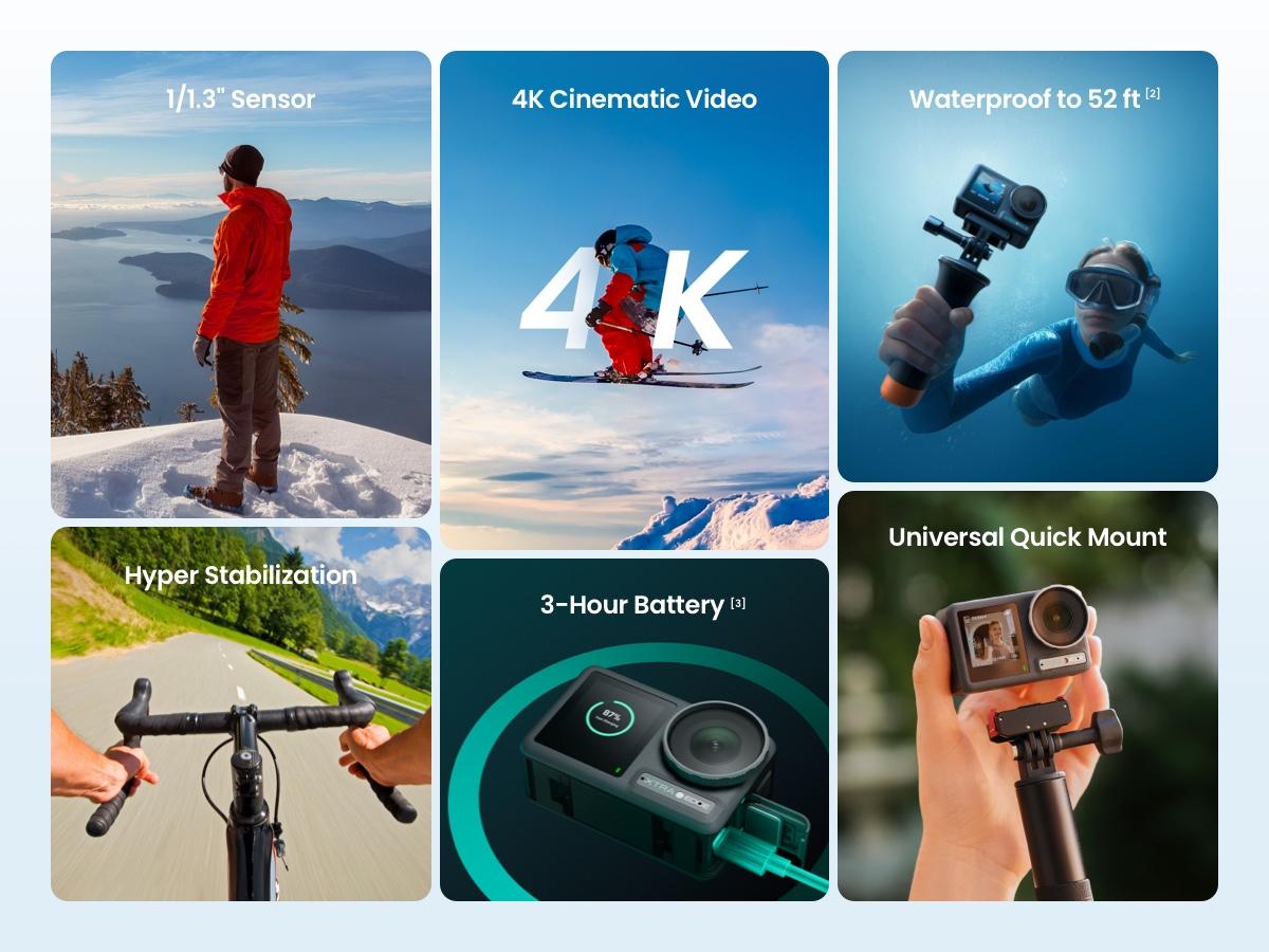 Xtra Edge Action Camera, 1/1.3" Sensor & 4K Cinematic Video, Hyper Stabilization, Waterproof Camera to 52 Ft, 3-Hour Battery, Universal Quick Mount, Vlogging Camera for Adventure Photography