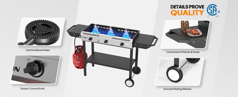 ROVSUN 2/3 Burner Outdoor Propane Gas Stove with Auto-ignition, Regulator & Side Shelves, 150,000/225,000 BTU Powerful Stand Cooker for Backyard Patio Cooking Home Brewing Canning Turkey Frying