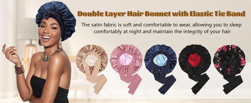 Double Layer Satin Bonnet Silk Like Texture for Sleeping Sleep Cap Hat Hair Bonnets with Elastic Tie Band for Curly Hair Nightcap