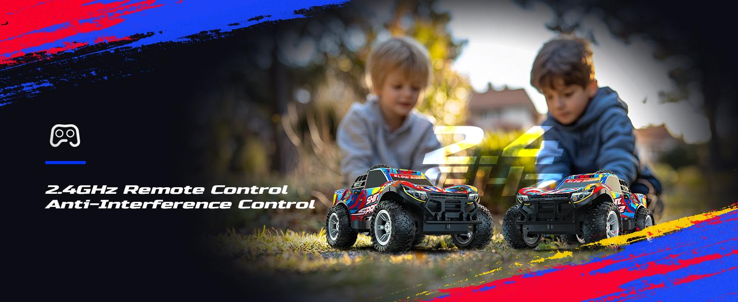 DEERC RC Monster Truck Gift, Remote Control Drift Car with Spray, Lights & Music, 2.4GHz All Terrain Stunt Truck with 40 Mins Playtime, 2 Batteries