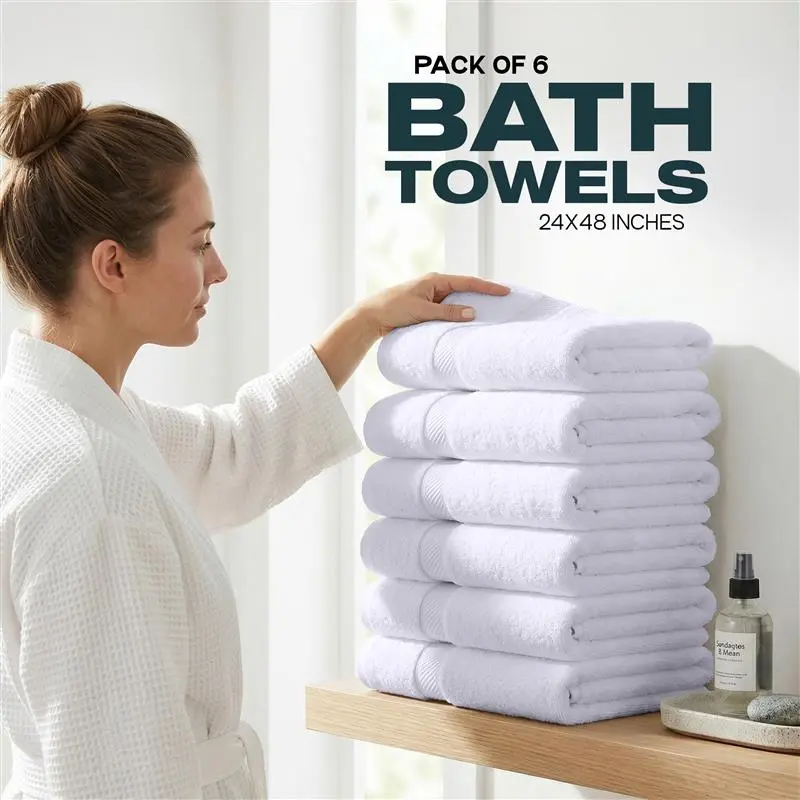 6-Pack Household Cotton Bath Towels Bulk Set, 24x48 in Hotel-Quality, Ultra Soft, Quick-Dry Bath Towel Set