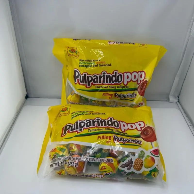 De la Rosa Pulparindo loliPop Tamarind Filling Lollipops Assorted Fruit Flavors 10 oz Bag 15 Count 2 Packs