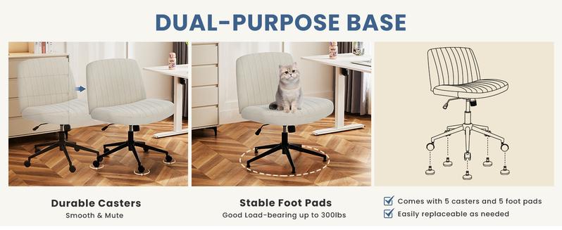 【Valentine's Day Gifts】Sweet Funiture S - Criss Cross Office Chair with Wheels, Wide Armless Home Office Desk Chair with Dual-Purpose Base, Swivel Height Adjustable