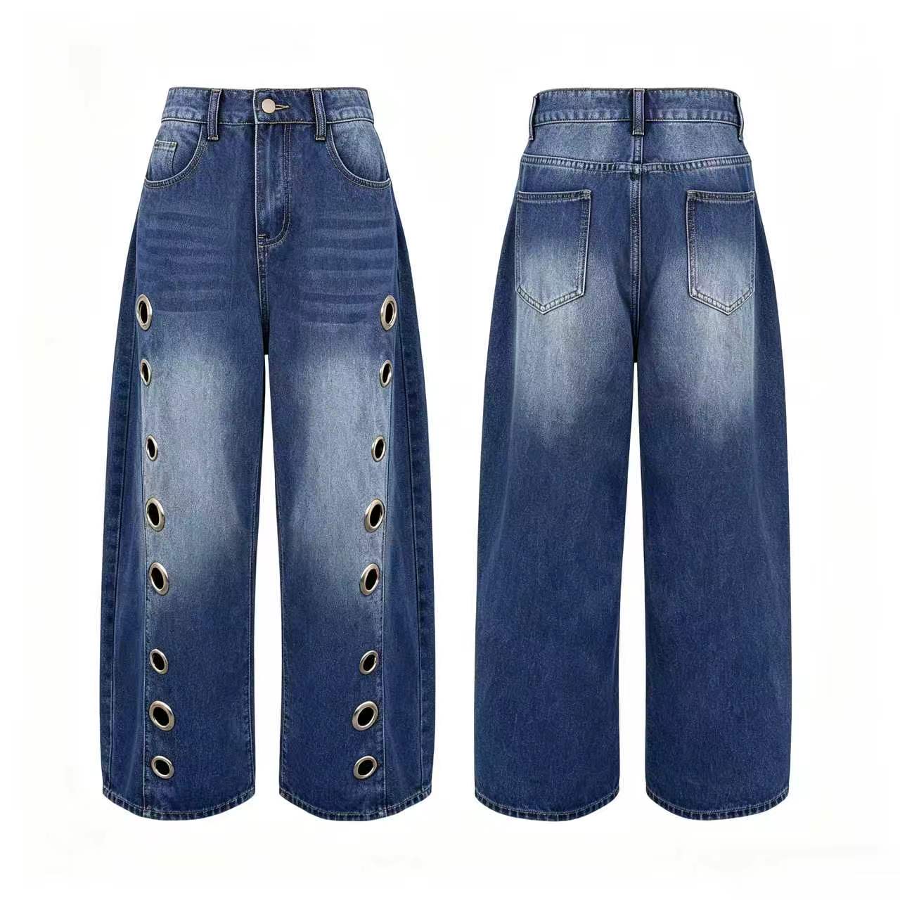 UOOZEE Women's Fall Jeans 2026 Graphic Eyelet Jeans, High-Waist Baggy Wide Leg Statement Denim Bottoms for Festival Looks,back to school shopping, Cropped