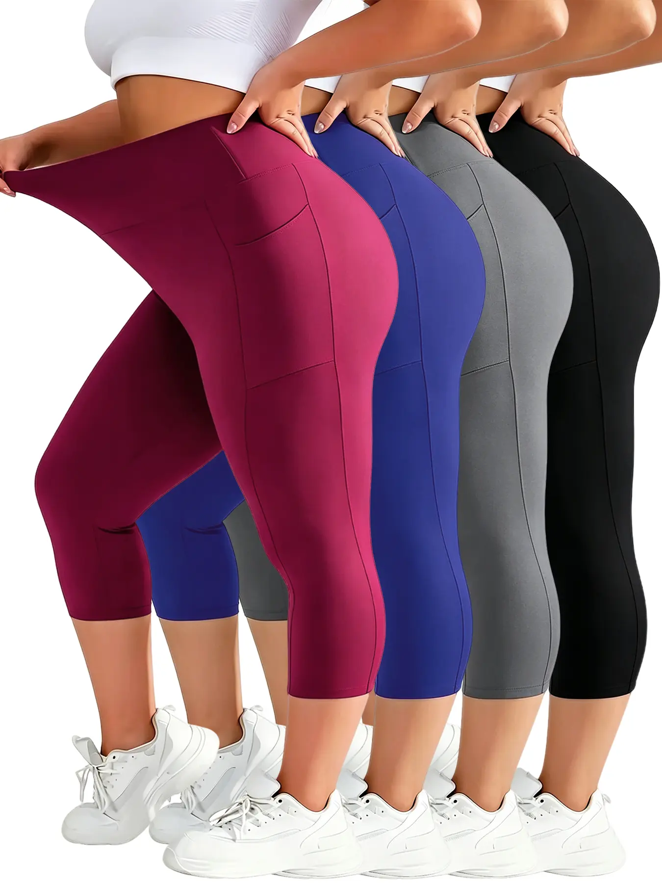 Womens 4 Pack High Waist Slim Fit Capri Pants, Tummy Control Elastic Waistband, Soft Stretchy Sweat-Wicking Anti-Chafe, Black Grey Blue Red