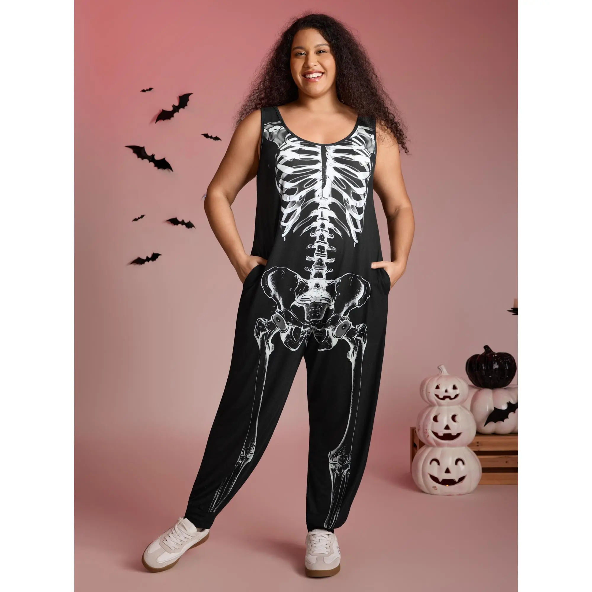 BloomChic Women's Plus Size Graphic Overalls - Halloween Skeleton Print Sleeveless Romper, Soft Stretch Fabric, Comfortable Fit with Pockets, Low Iron, Lightweight Smooth Breathable Polyester Spandex, Casual Party Fashion Apparel, Jumpsuits For Women