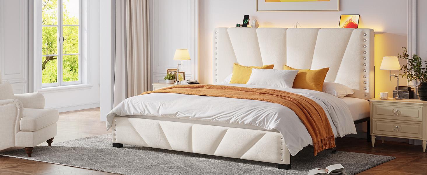 Bed Frame King Size with LED lIghts & Charging Station, Upholstered Queen Bed Frame with Shelves, Luxury Bedframe, Bedroom FurnitureNo Mattress, Noise Free, Holds 880LBS, Wood Slats & Metal Frame, Beige, Gray