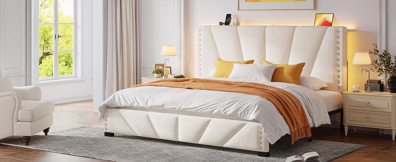 Bed Frame King Size with LED lIghts & Charging Station, Upholstered Queen Bed Frame with Shelves, Luxury Bedframe, Bedroom FurnitureNo Mattress, Noise Free, Holds 880LBS, Wood Slats & Metal Frame, Beige, Gray