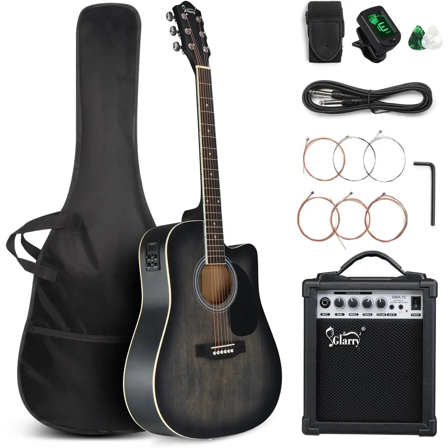 GLARRY 41-Inch Full Size 6-String Cutaway Basswood Acoustic-Electric Guitar Beginner Kit w/ 15W Amp, Inbuilt Tuner, Bag, Strap, Picks, Strings - Distressed Black (TikTok Shop Back to School)