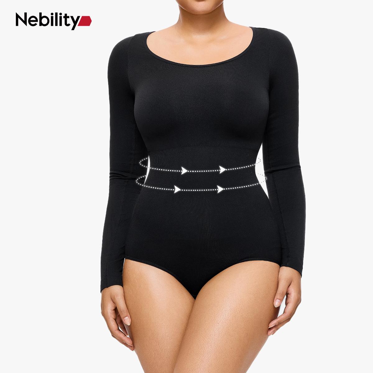 Nebility Women's Seamless Round Collar Long Sleeve Bodysuit Basic Stretch Jumpsuit Minimalist Plain Shapewear Womenswear