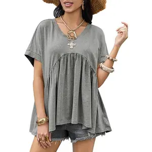 Cicy Bell Womens Summer Peplum Tops Oversized Babydoll Short Sleeve V Neck T Shirts Casual Loose Pleated Swing Blouse