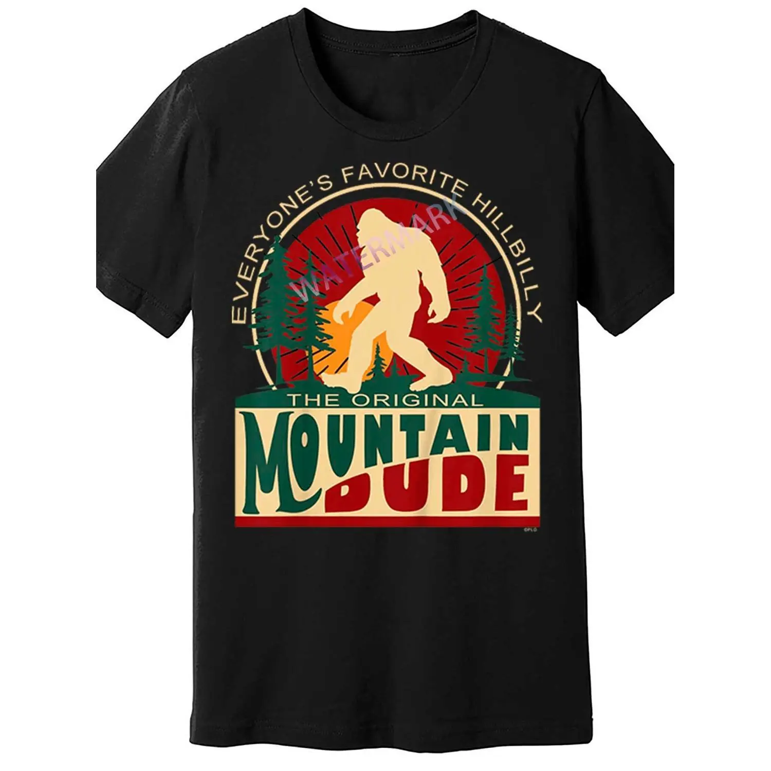 Men's "Everyone's Favorite Hillbilly" Sasquatch Mountain Dude T-Shirt - Black 100% Cotton Short Sleeve Casual Crew Neck Top with Vintage Graphic Print, Slight Stretch, Summer Menswear Clothes, Regular Fit