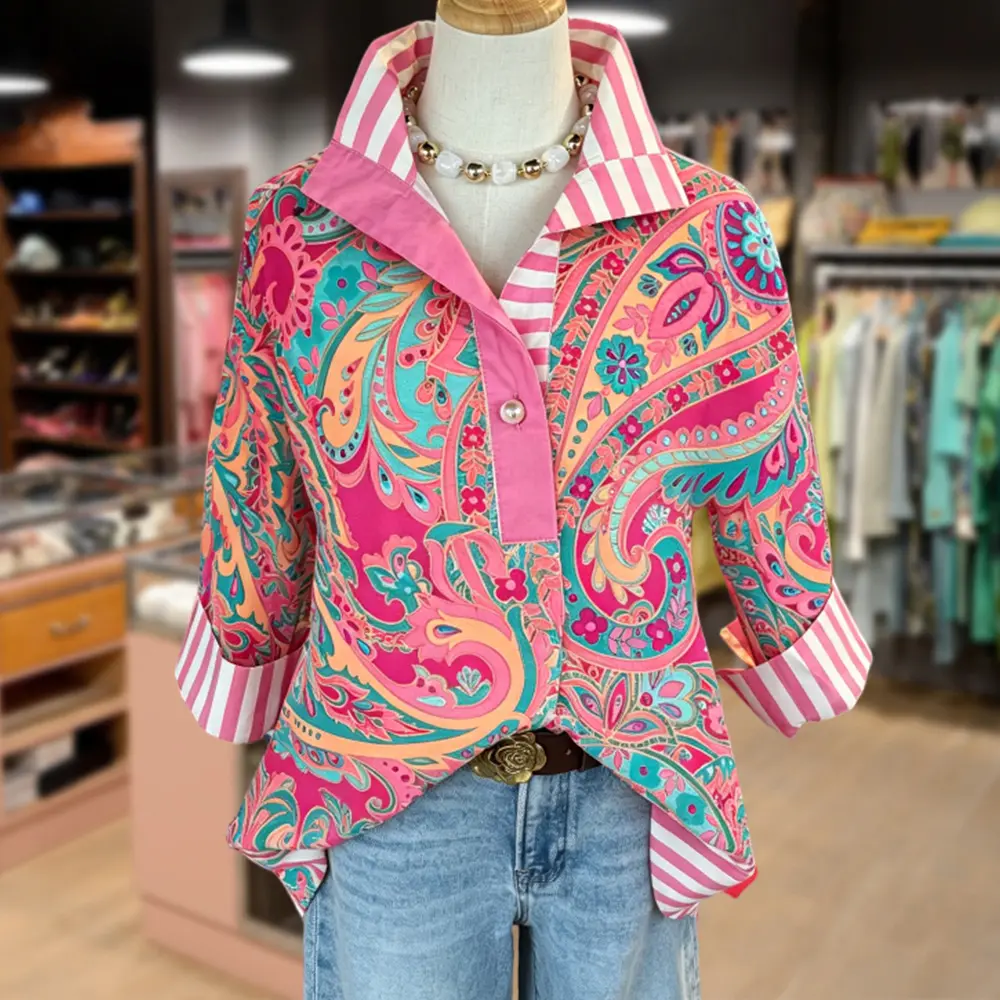 Cherrybetty Retro Paisley Print Striped Collar Three Quater Sleeve Blouse Going Out Tops Plussize Summer Tops Womens Summer Clothing  Clothes For Women Shirts Womenswear