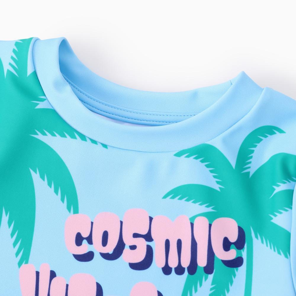 Disney Stitch & Angel Girls 2-Piece Swimsuit Bundle - Tropical Print Long Sleeve Rash Guard & Ruffle Bottom Set, Official Lilo & Stitch Swimwear for Toddlers & Little Girls,