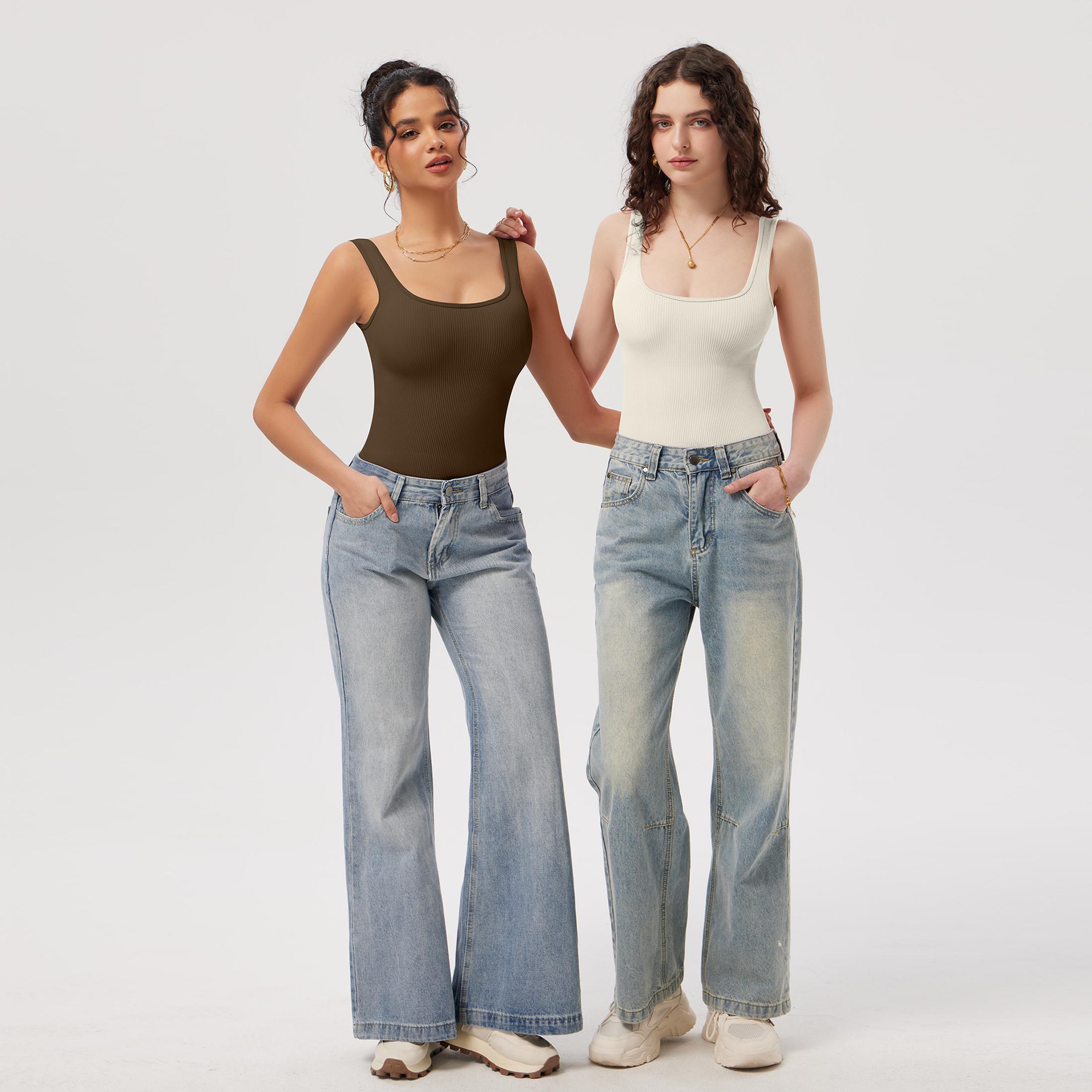 OQQ Women's Bodysuits Sexy Ribbed Sleeveless Square Neck Bodysuits