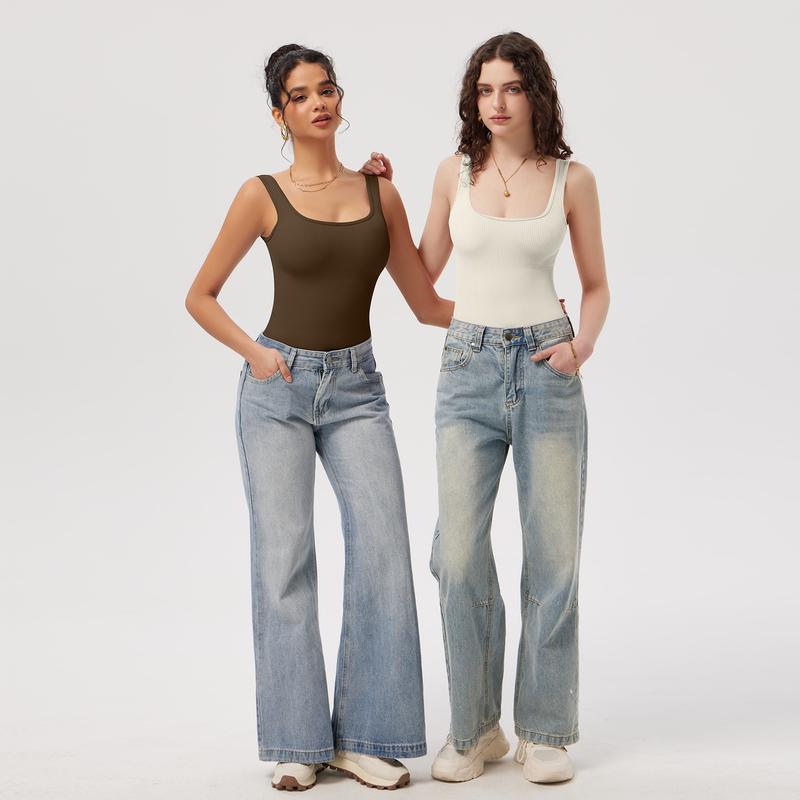 OQQ Women's Bodysuits Sexy Ribbed Sleeveless Square Neck Bodysuits