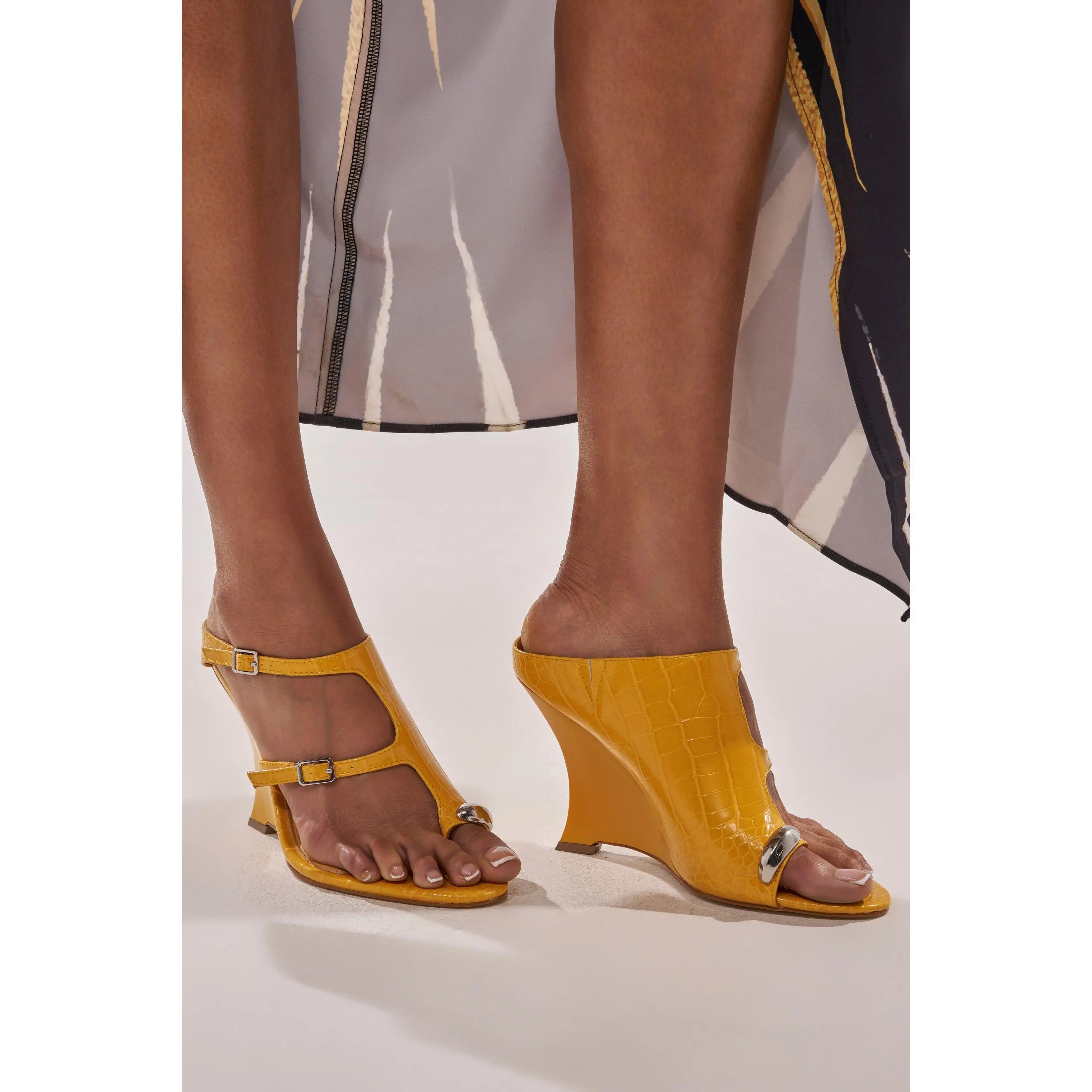 AKIRA GOLD GINO MUSTARD CROC WEDGE SANDAL - TikTok Shop