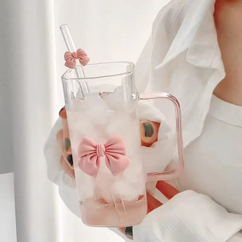 Pink Bow Square Glass Tumbler - Cute Ribbon Glass Cup for Iced Coffee Matcha Aesthetic Drinkware Reusable Borosilicate Glass Tumbler for Home Office Birthday Gift for Women Teen Girls
