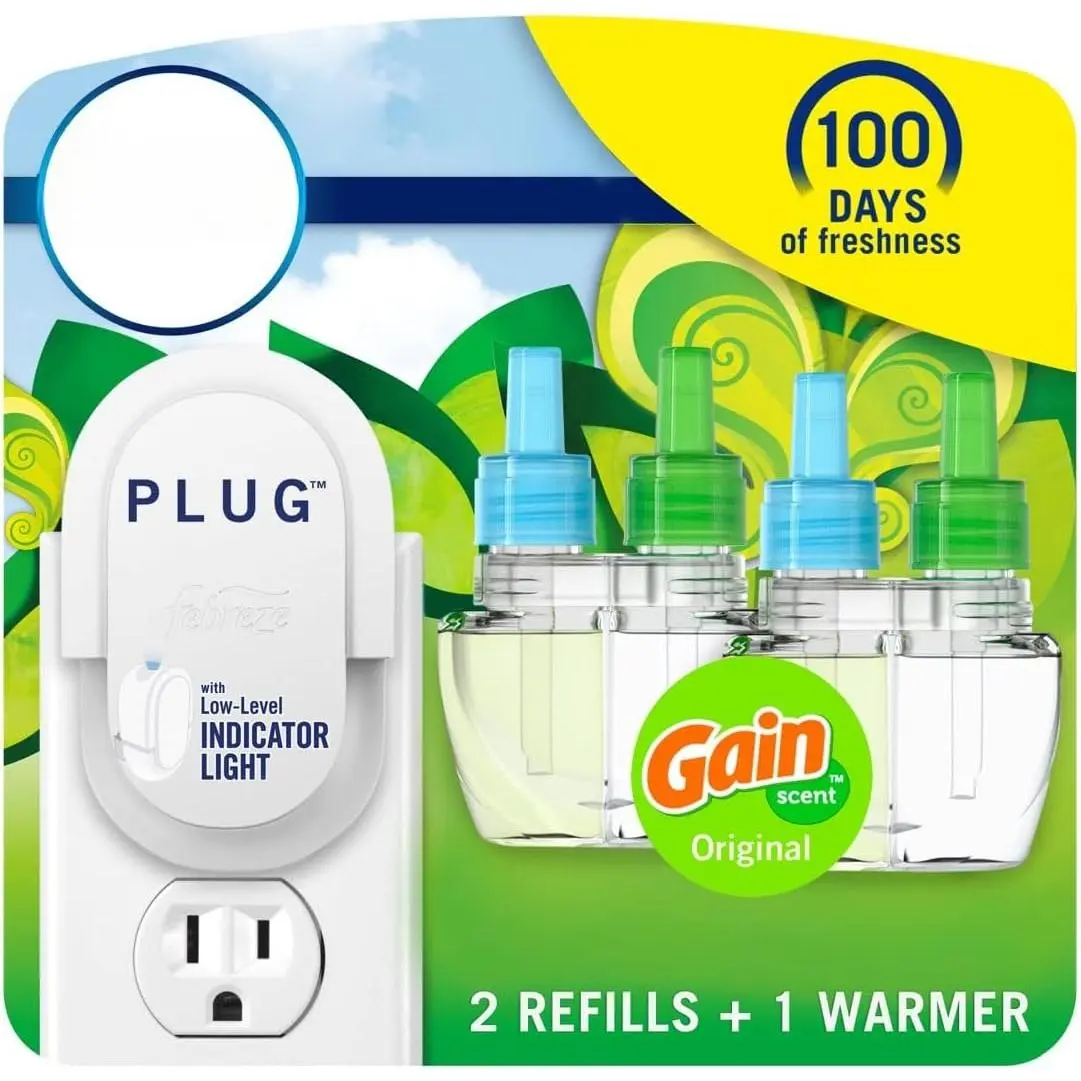 Gain Original Scent Plug-In Home Fragrance Aromatizer Starter Set - Odor-Fighting Warmer+Refill Kit, Includes Warmer, 2 Scented Fragrance Oil Refills (0.87oz Each, 1.74 fl oz Pack of 1), Long-Lasting for Bathroom Freshen & Indoor Use