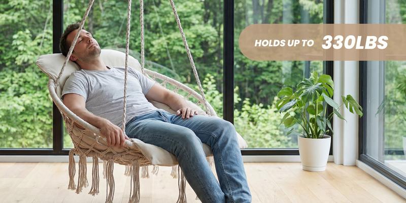Macrame Single Hammock Hanging Chair with Oversized Padded Cushion, Indoor＆Outdoor, Hammock Swing Chair