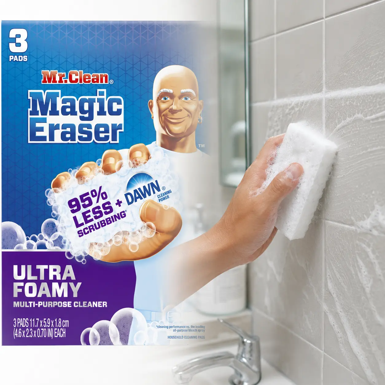 Mr. Clean Magic Eraser Ultra Foamy Cleaning Sponges - 3-Pack White Melamine Pads, 2-in-1 Heavy-Duty, Fresh Scent, Wet Squeeze Erase, Cleans Soap Scum/Shower Glass, 4.6x2.3x0.70in, Tackles 150+ Messes for Home Cleanup