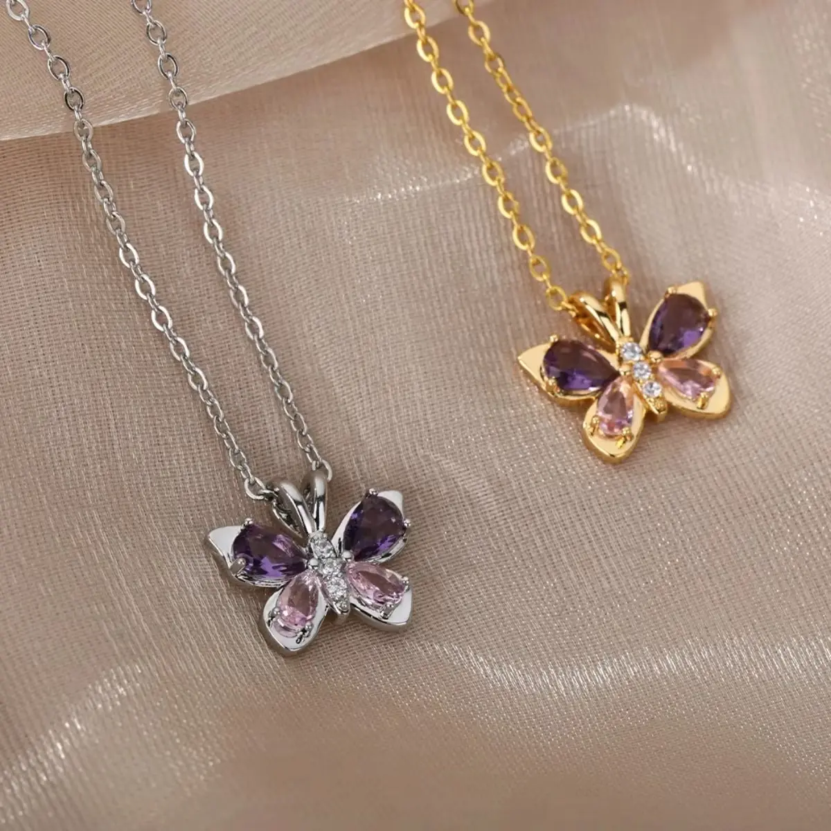 Women's 2-Piece Cute Butterfly Necklaces Set, Stainless Steel with Purple Crystal Zircon, Aesthetic Collar Choker for Party Costume Jewelry